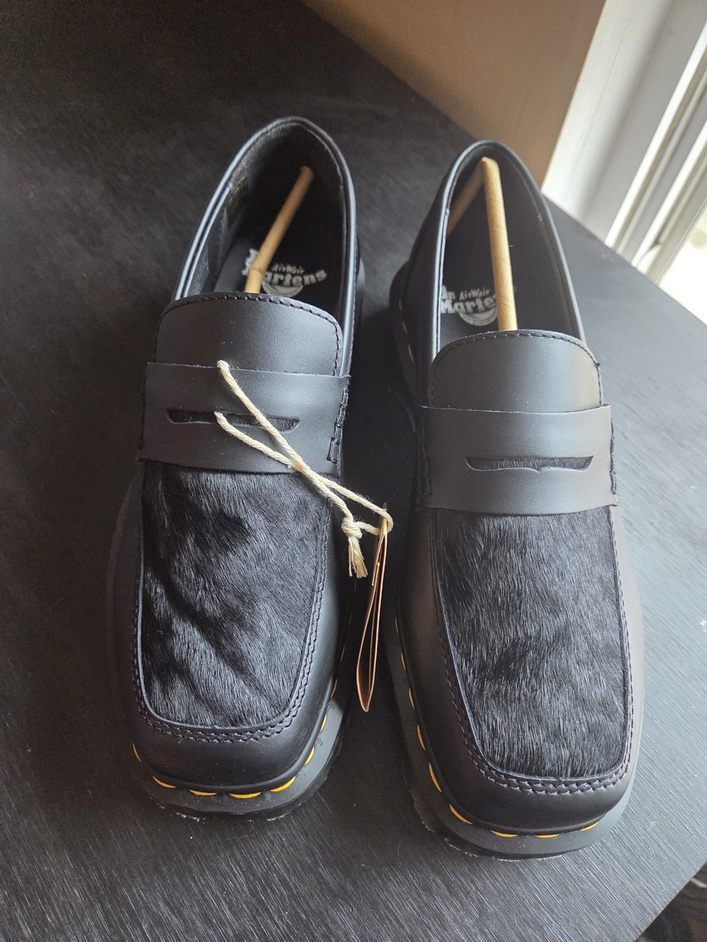 Dr. Martens Penton Bex Square Toe Black Loafers with Bovine Hair-On Panel